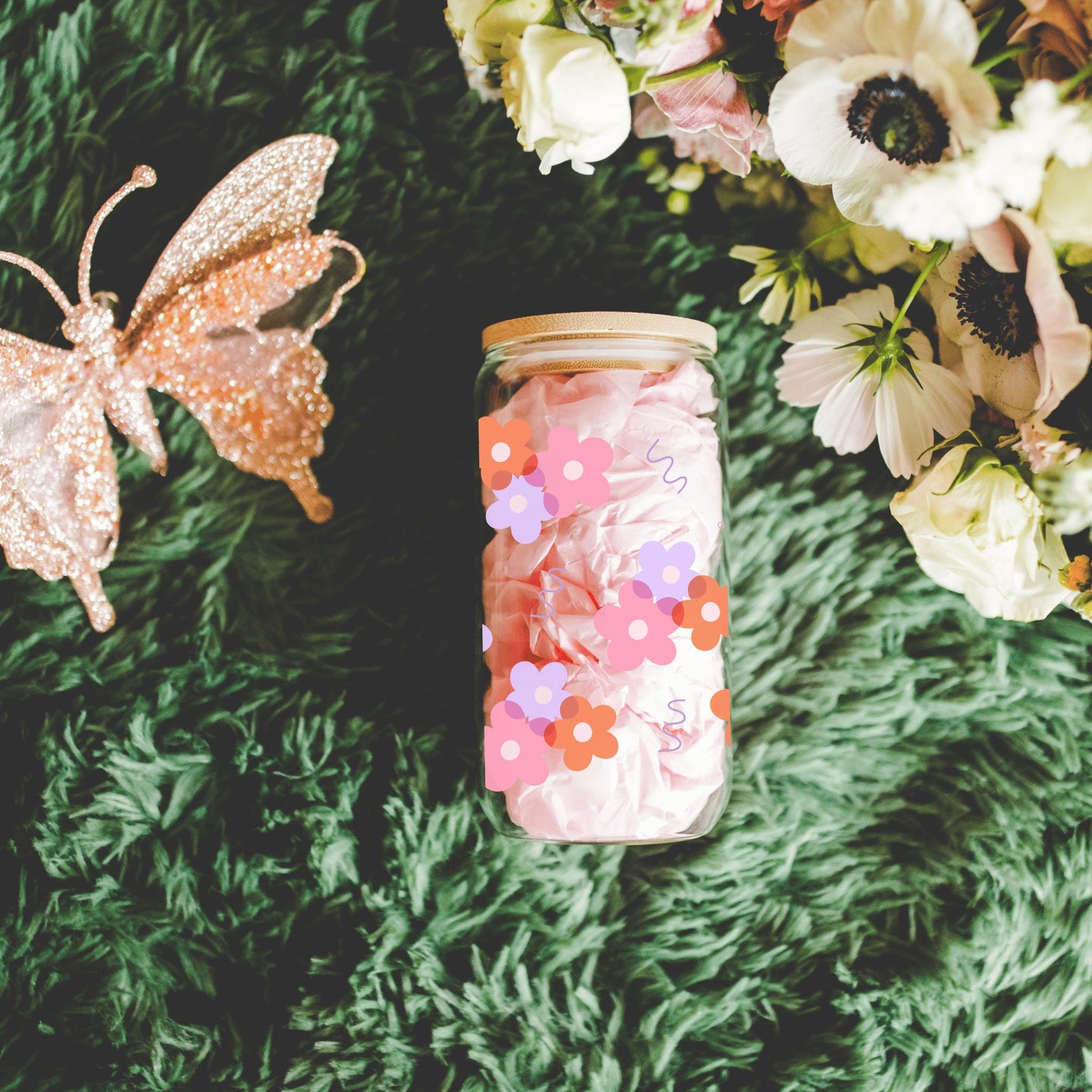Girly Floral glass cup with bamboo lid glass straw, Cute Cup Beer Can Iced Coffee Glass Cup Cute funny Glass Cup gift for her